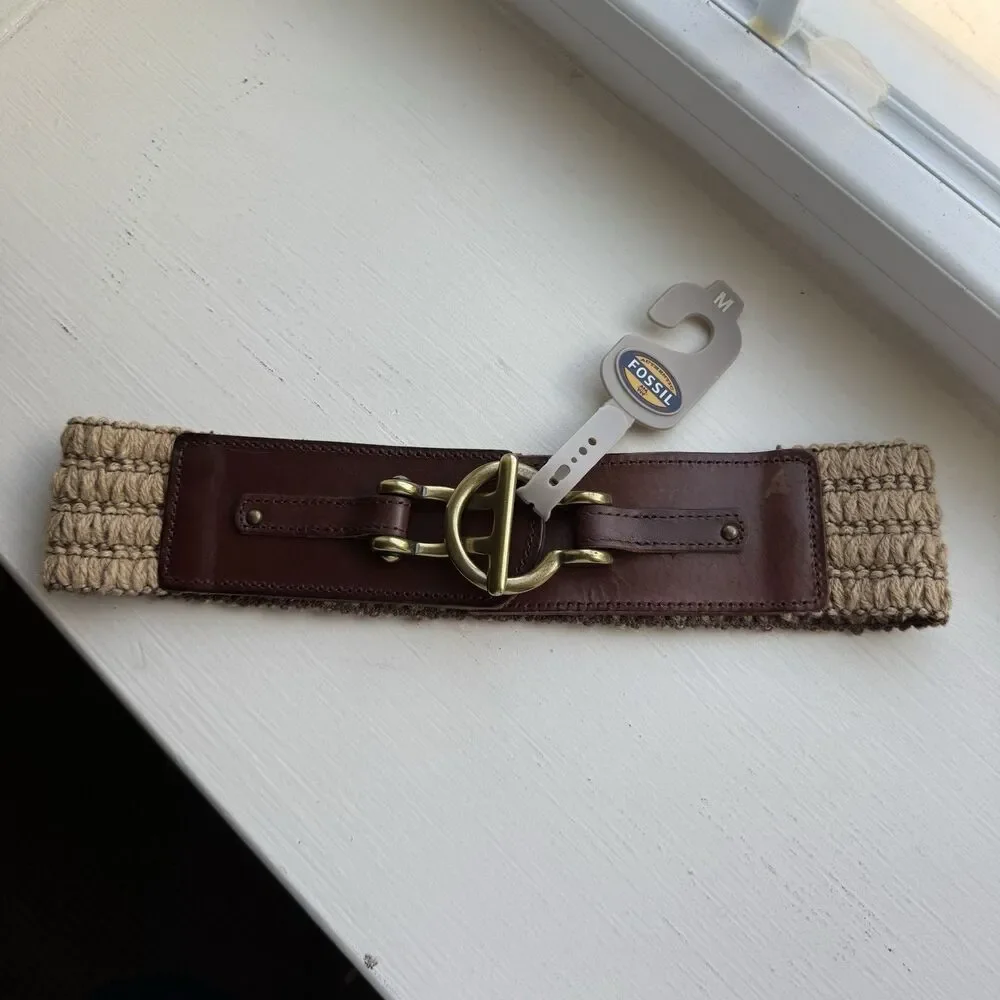 Fossil Macrame & Leather Belt/Stretch Brass Bit and Ring Gold Hardware Sz M New